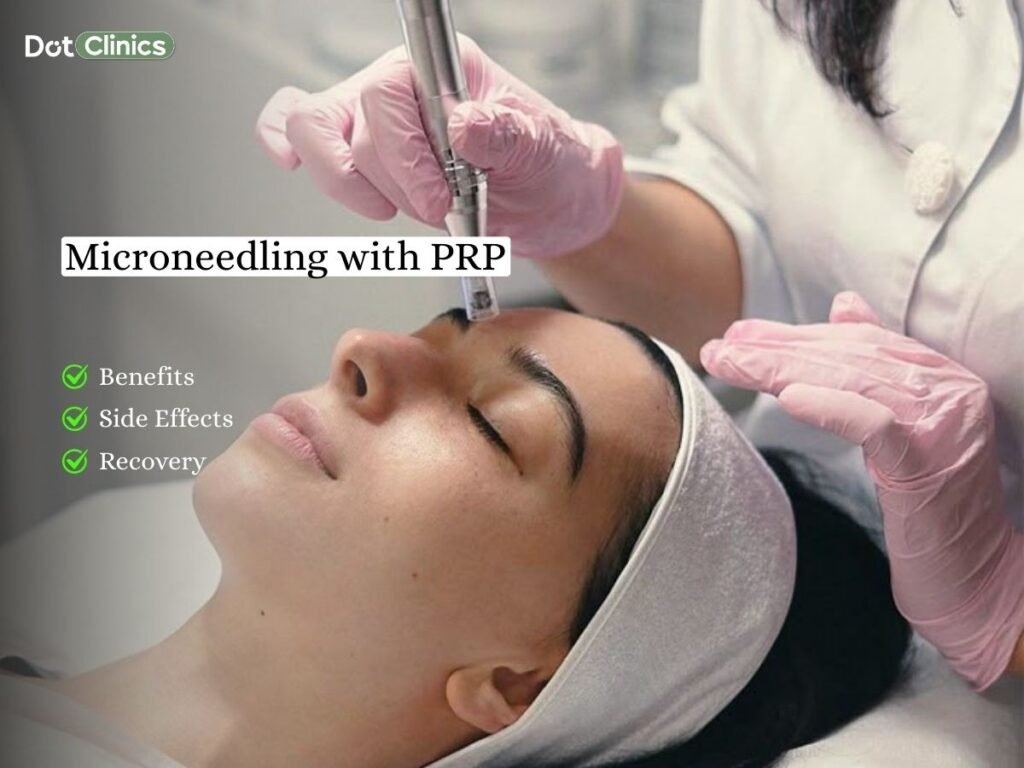 A woman getting micro needling PRP for face by skin specialist