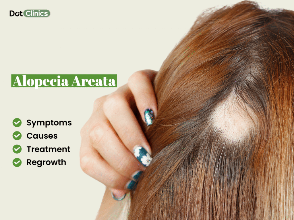 Close-up of alopecia areata patch on scalp with text on symptoms and treatments.