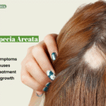 Close-up of alopecia areata patch on scalp with text on symptoms and treatments.