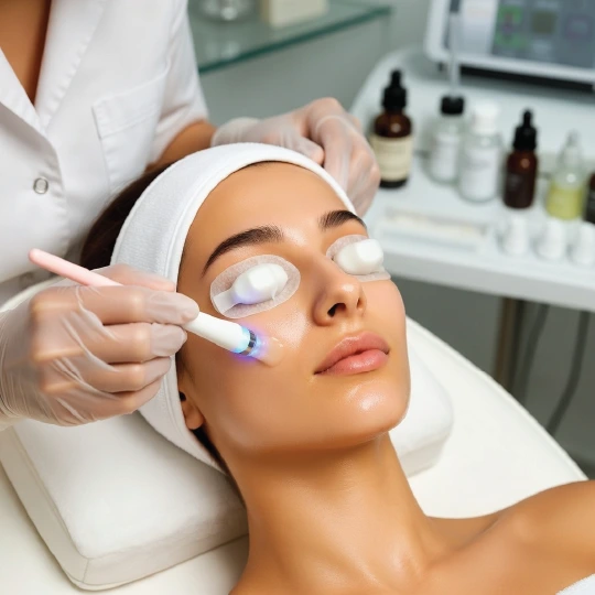 Glowing facial treatment with LED light therapy device for radiant skin