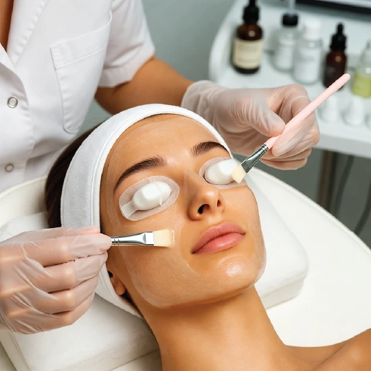 Mild chemical peel facial treatment applied with brush by dermatologist