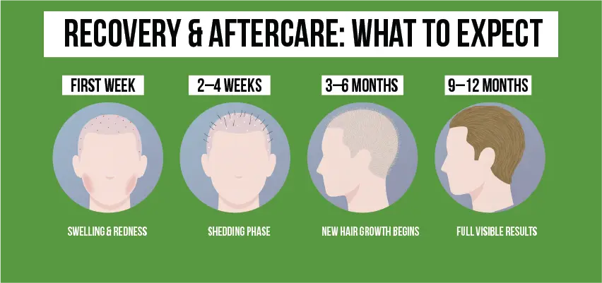 Hair transplant recovery timeline showing growth stages from week 1 to 12 months.