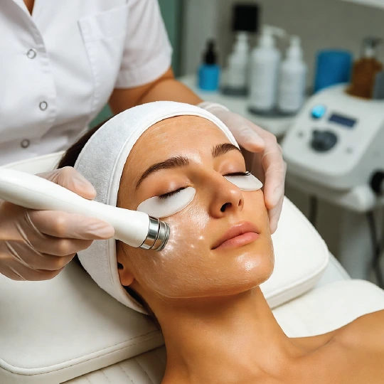 Professional skin polishing facial treatment with ultrasonic device at beauty clinic