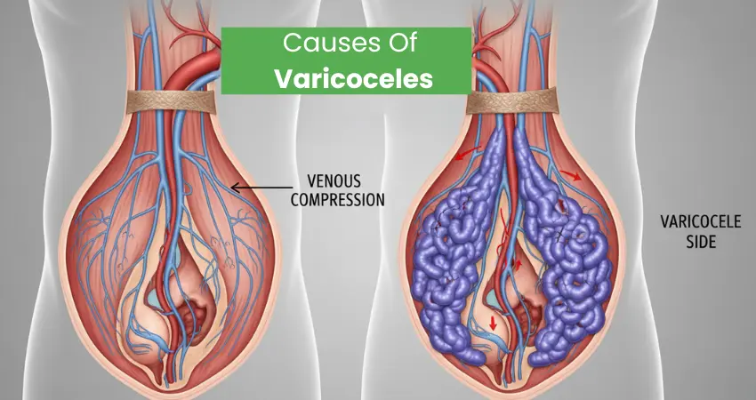 Causes of varicoceles showing venous compression and enlarged veins comparison in scrotum anatomy