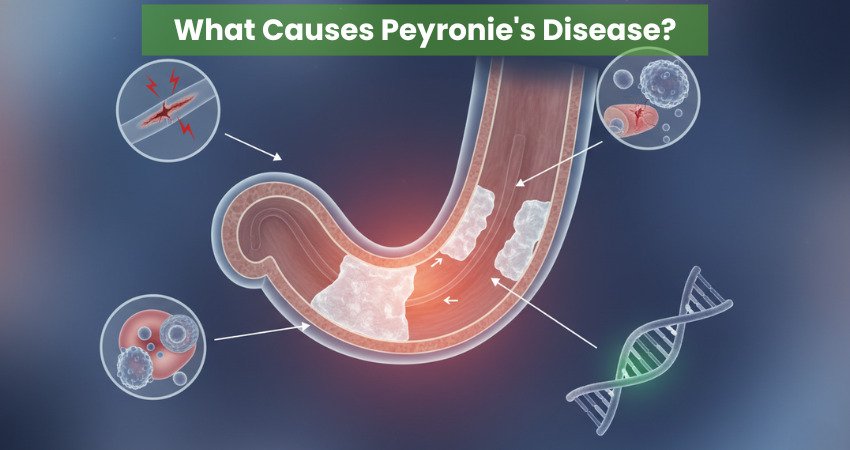 Medical illustration showing causes of Peyronie's Disease including plaque buildup, injury, and genetics