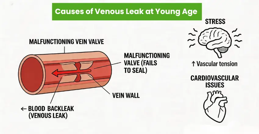 Venous leak in young men caused by malfunctioning vein valve, stress, and cardiovascular issues diagram.
