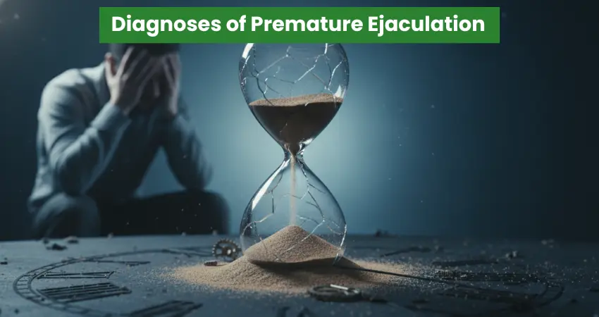 Man stressed over premature ejaculation diagnosis with broken hourglass symbolizing time pressure