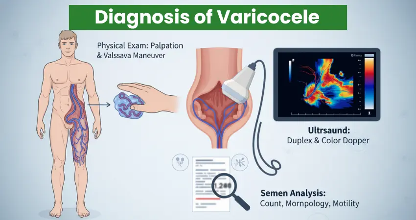 Varicocele diagnosis methods: physical exam, duplex ultrasound, and semen analysis for count and motility