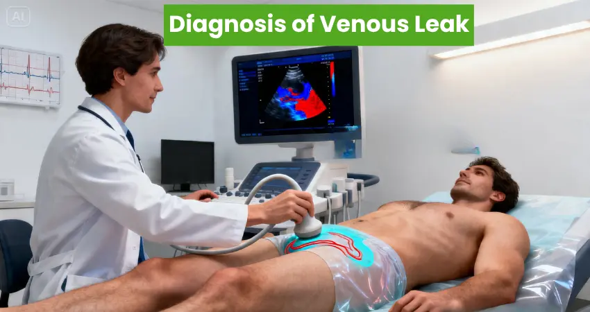 Doctor performing penile duplex ultrasound to diagnose venous leak erectile dysfunction