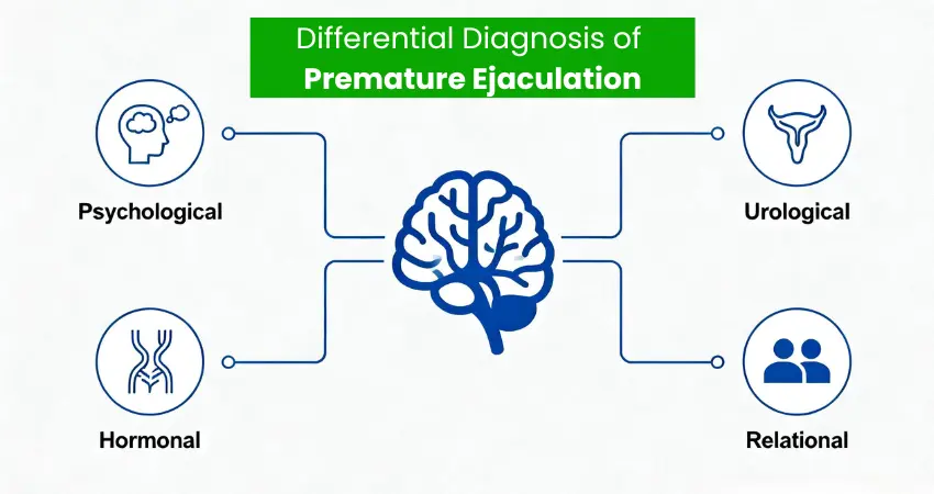 Differential diagnosis of premature ejaculation including psychological, hormonal, urological, relational factors
