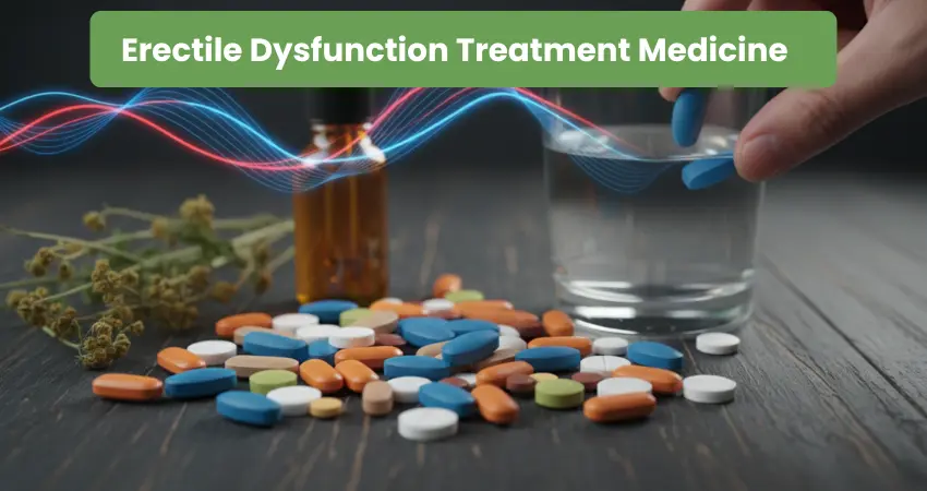 rectile dysfunction treatment medicine pills and herbal remedies on wooden surface with glass of water