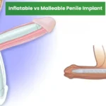 Inflatable vs malleable penile implant comparison showing surgical placement and device structure