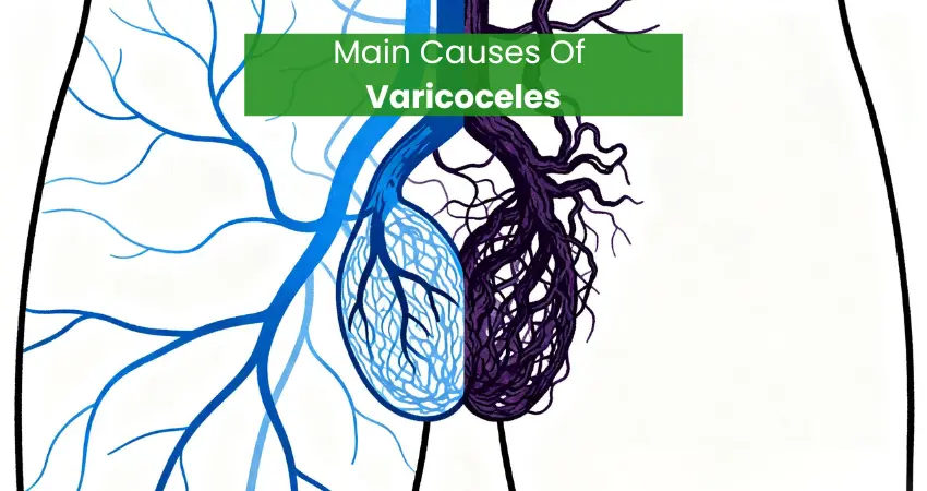 Main causes of varicoceles showing normal vs enlarged twisted testicular veins in scrotal region