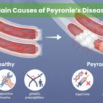Infographic showing main causes of Peyronie's Disease: micro-injury, trauma, genetics, injections, medications