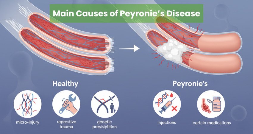 Infographic showing main causes of Peyronie's Disease: micro-injury, trauma, genetics, injections, medications