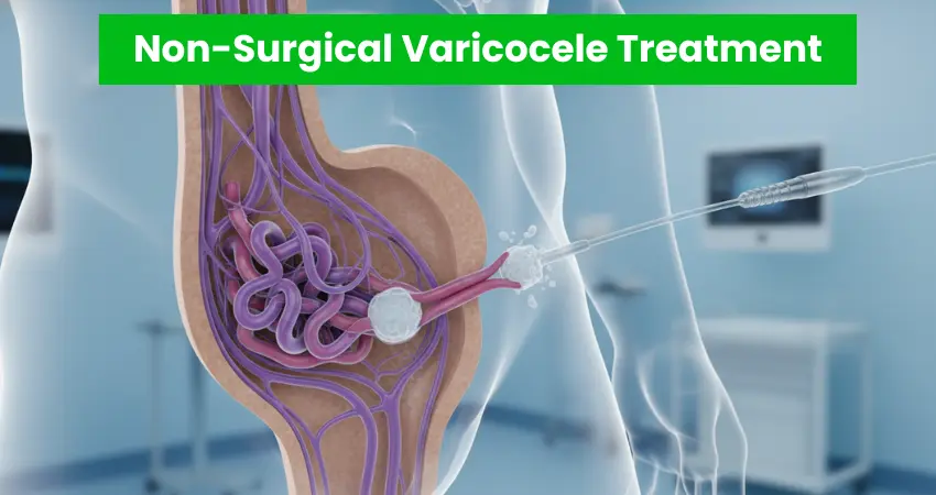 Non-surgical varicocele treatment diagram showing embolization catheter procedure anatomy