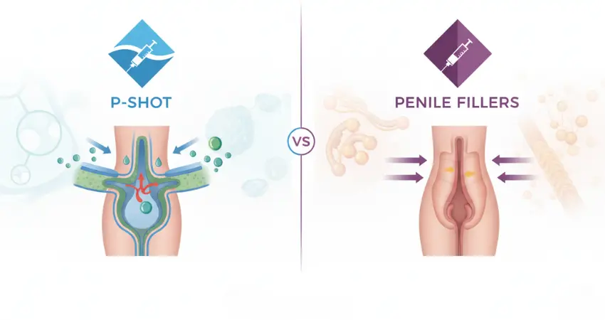 P-Shot versus penile fillers comparison diagram illustrating platelet-rich plasma vs dermal filler treatment