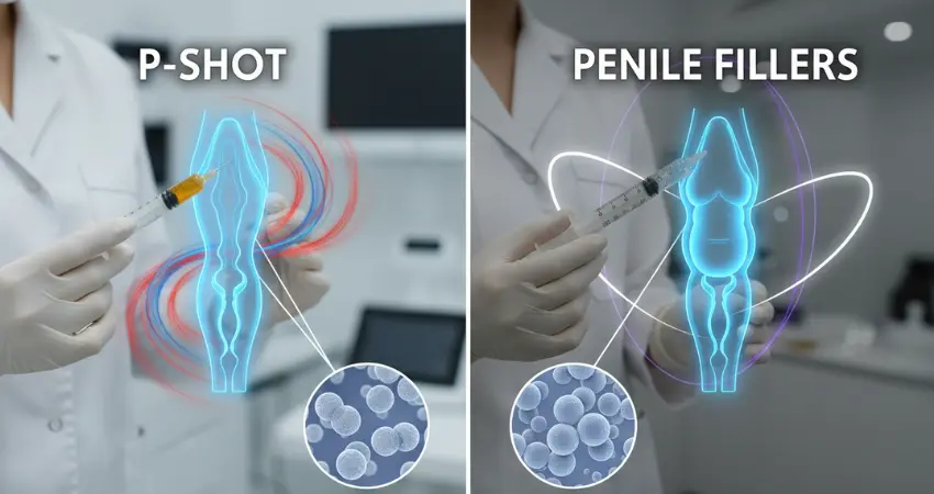 P-Shot vs penile fillers comparison showing injection procedures with platelet-rich plasma and dermal filler