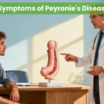 Doctor explaining Peyronie's disease symptoms to patient using anatomical penis model in clinic