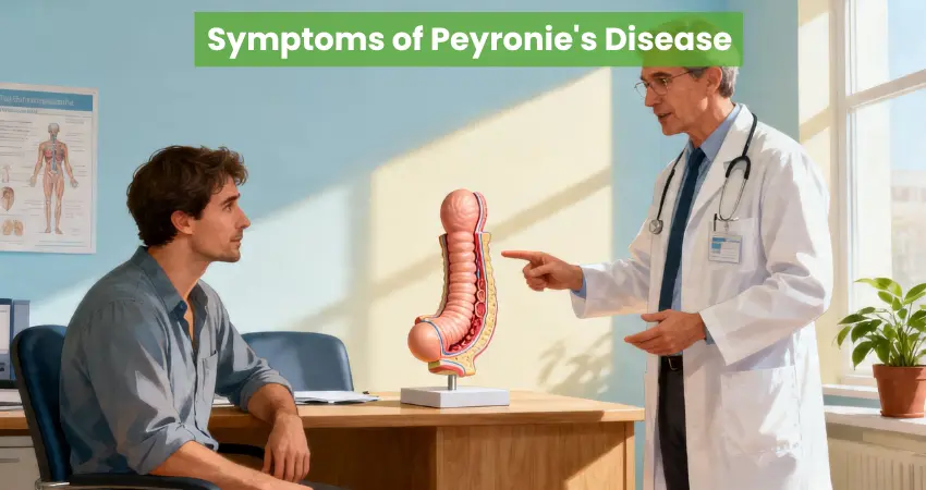 Doctor explaining Peyronie's disease symptoms to patient using anatomical penis model in clinic