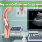 Peyronie's Disease diagnosis showing palpation, tunica albuginea plaque, and ultrasound imaging on monitor