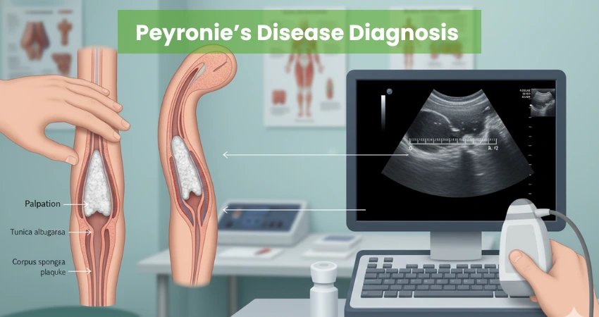 Peyronie's Disease diagnosis showing palpation, tunica albuginea plaque, and ultrasound imaging on monitor