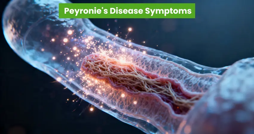 3D illustration of Peyronie's disease symptoms showing fibrous scar tissue and inflammation inside penis