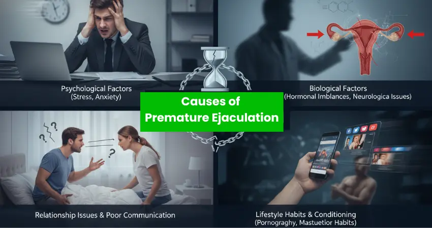 Causes of premature ejaculation: stress, hormonal imbalance, relationship issues, and lifestyle habits