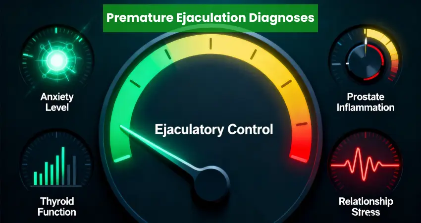 
Premature ejaculation diagnoses gauge showing ejaculatory control affected by anxiety, thyroid, prostate, stress
