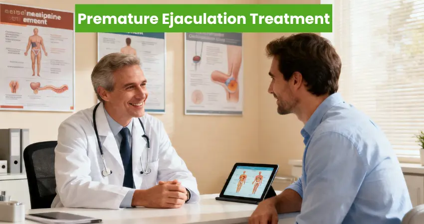 Doctor consulting male patient about premature ejaculation treatment options in a clinic