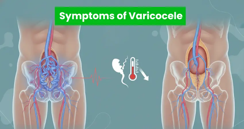Symptoms of varicocele showing enlarged veins, reduced sperm quality and testicular swelling