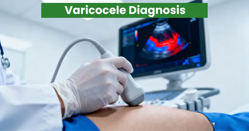 Doctor performing ultrasound for varicocele diagnosis with color Doppler imaging on screen
