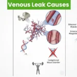 Venous leak causes infographic showing dilated muscle, connective tissue disorder, and tunica albuginea damage.