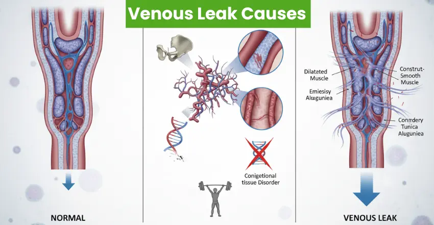 Venous leak causes infographic showing dilated muscle, connective tissue disorder, and tunica albuginea damage.