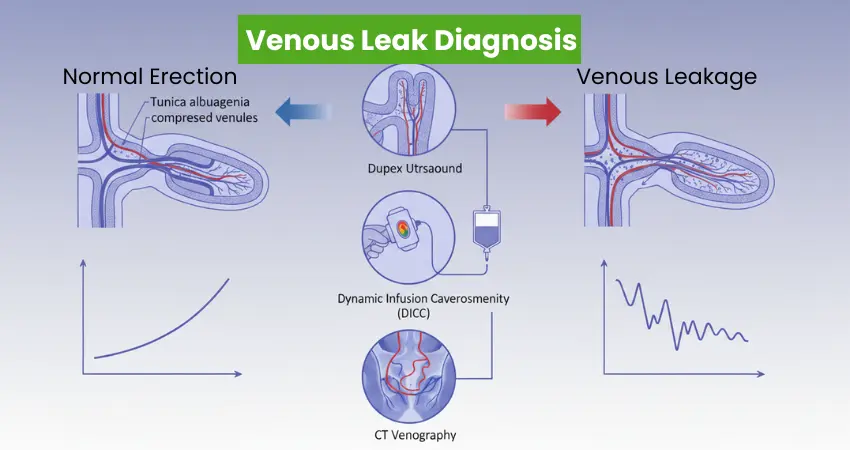 Venous leak diagnosis methods: duplex ultrasound, DICC, and CT venography comparing normal vs leakage