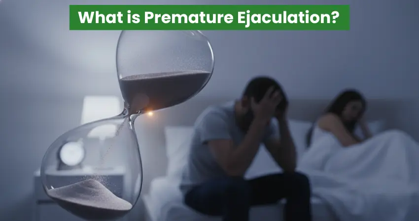 Couple in distress on bed with hourglass representing premature ejaculation and its relationship impact