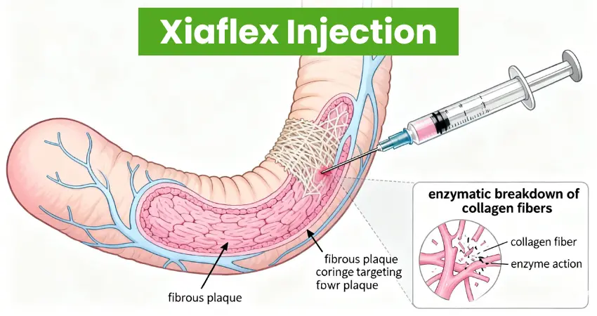 Xiaflex injection targeting fibrous plaque in Peyronie's disease showing enzymatic collagen breakdown