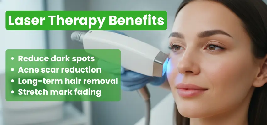 Laser therapy benefits: reduce dark spots, acne scars, hair removal & stretch marks