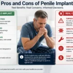 Infographic of pros and cons of penile implants for ED treatment by Dot Clinics.