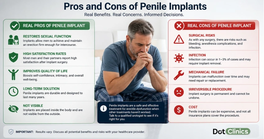 Infographic of pros and cons of penile implants for ED treatment by Dot Clinics.