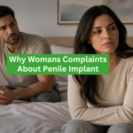 A couple sitting on a bed looking upset with text Why Womans Complaints About Penile Implant.