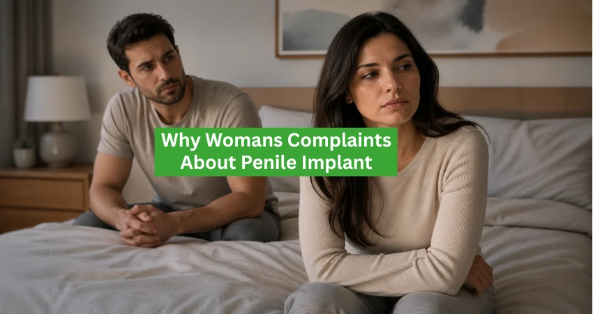 A couple sitting on a bed looking upset with text Why Womans Complaints About Penile Implant.