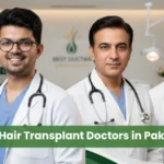 Three hair transplant doctors in white coats at a medical clinic in Pakistan