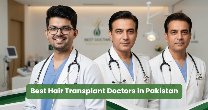 Three hair transplant doctors in white coats at a medical clinic in Pakistan
