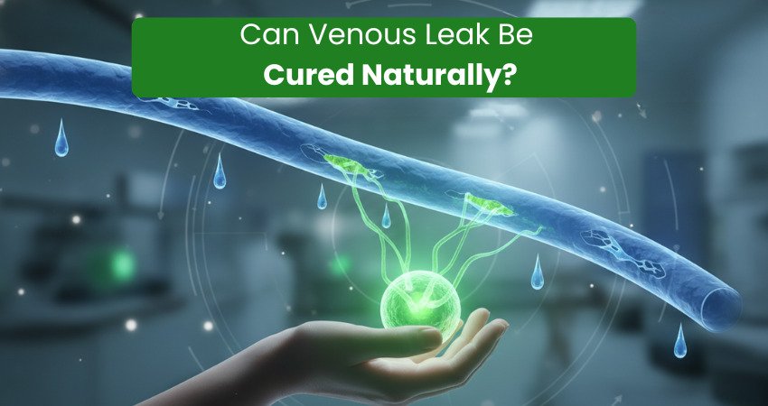 Venous leak natural cure concept showing glowing vein with healing energy treatment illustration
