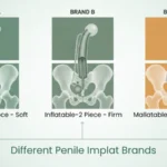 Diagram showing 3 penile implant types: inflatable 3-piece, 2-piece, and malleable rods