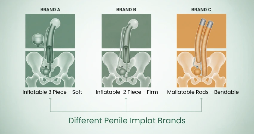 Diagram showing 3 penile implant types: inflatable 3-piece, 2-piece, and malleable rods