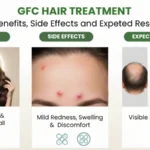 GFC hair treatment benefits: fuller hair; side effects: mild redness; results: visible regrowth in 3–9 months.