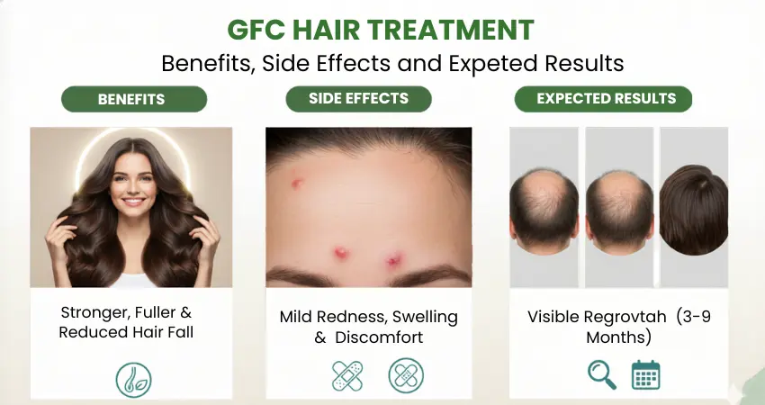 GFC hair treatment benefits: fuller hair; side effects: mild redness; results: visible regrowth in 3–9 months.