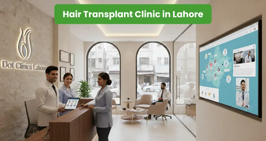 Dot Clinics Lahore reception area with staff — a top hair transplant clinic in Lahore, Pakistan.